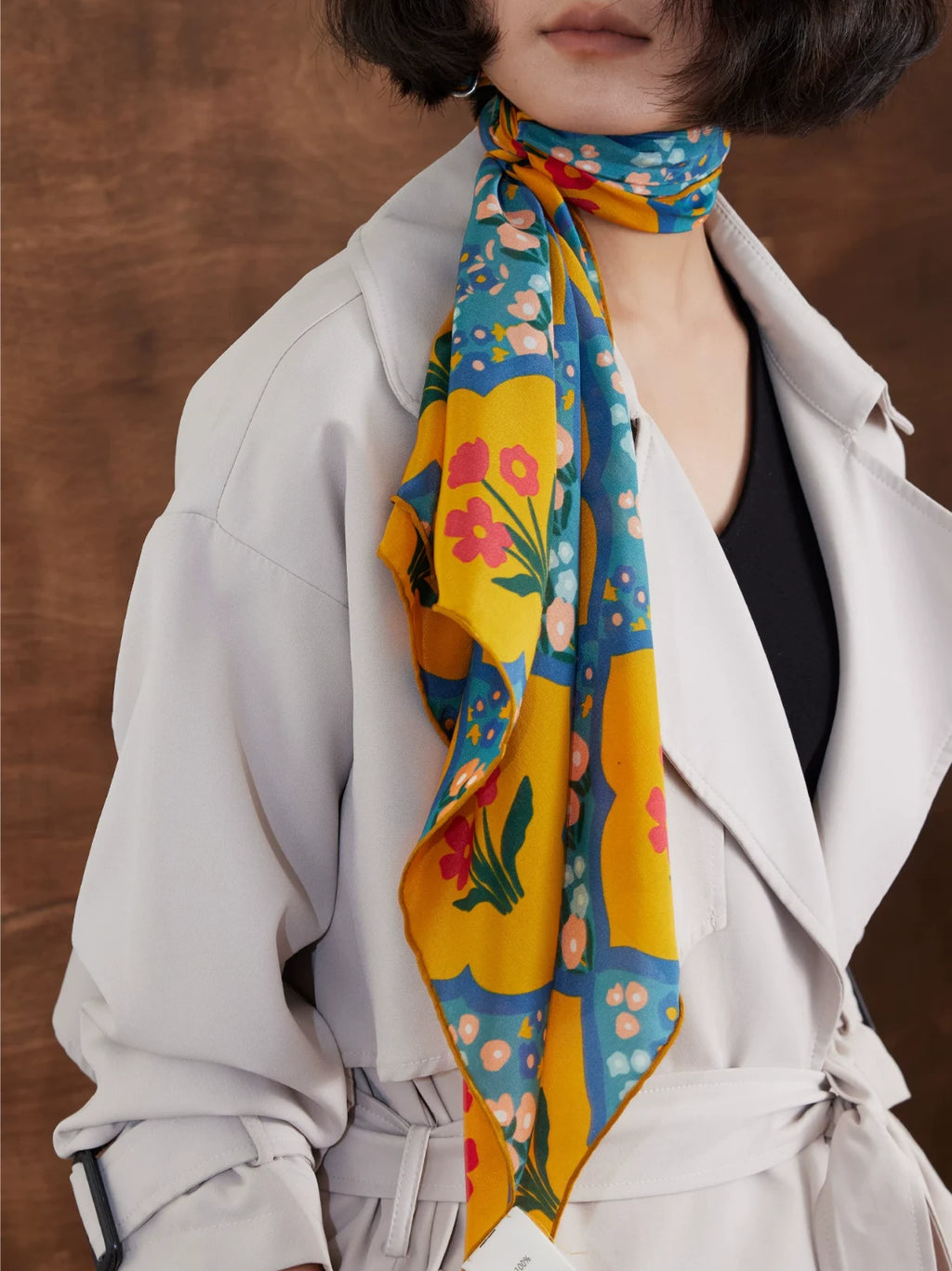 Oriental Bloom Mustard Silk Square Scarf