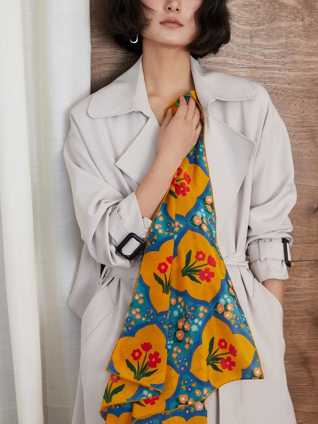 Oriental Bloom Mustard Silk Square Scarf