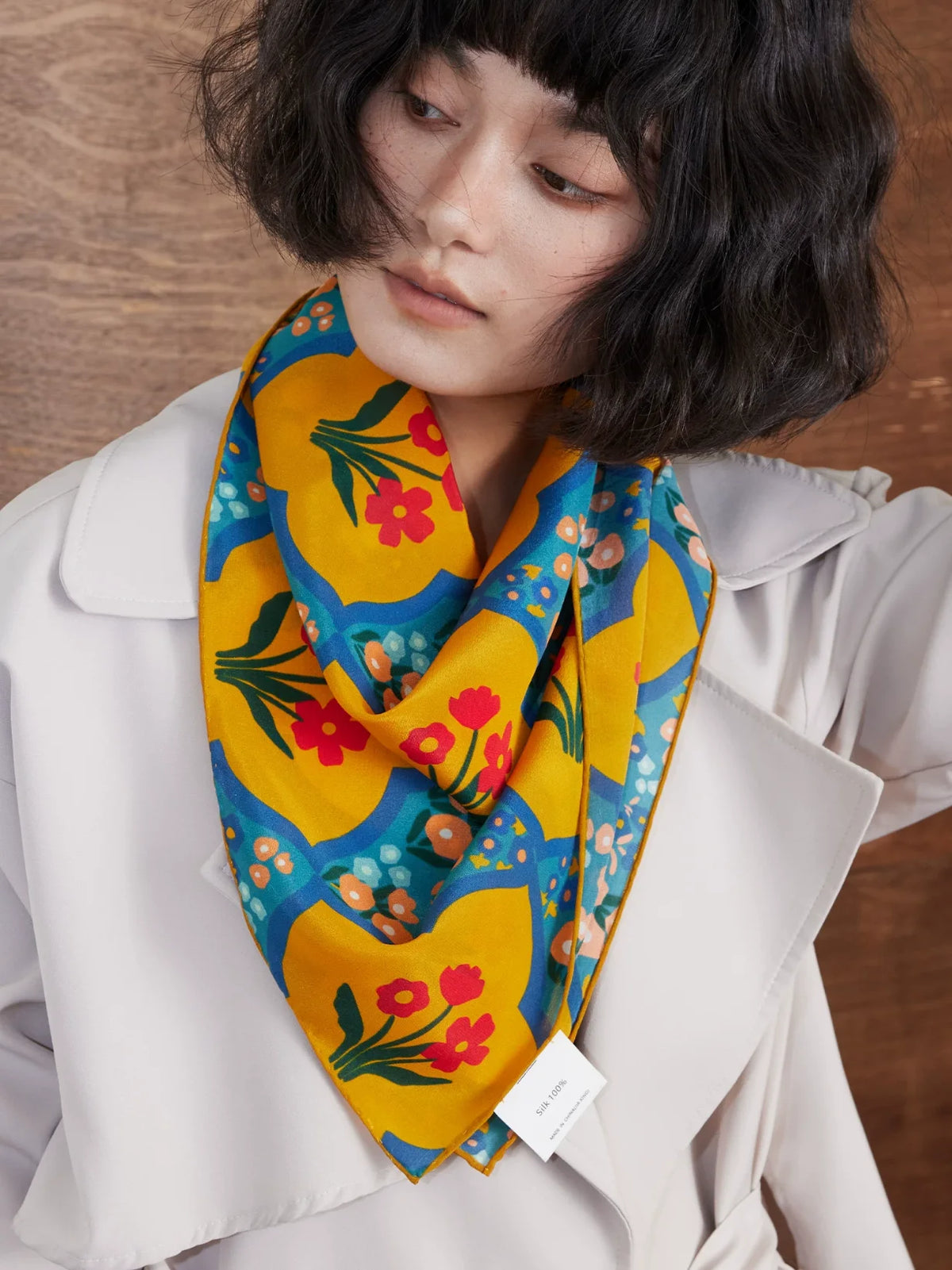Oriental Bloom Mustard Silk Square Scarf