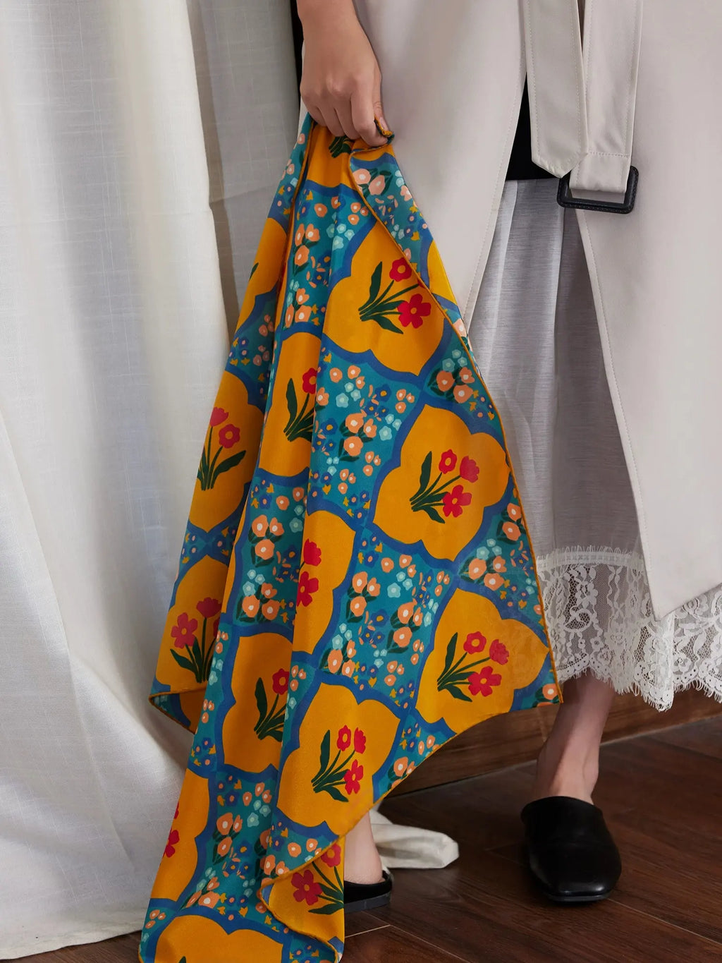 Oriental Bloom Mustard Silk Square Scarf
