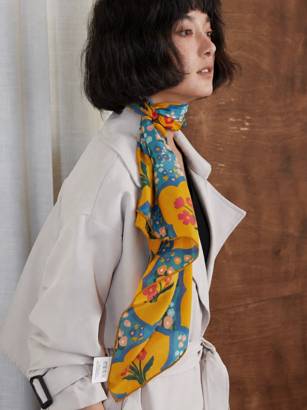 Oriental Bloom Mustard Silk Square Scarf