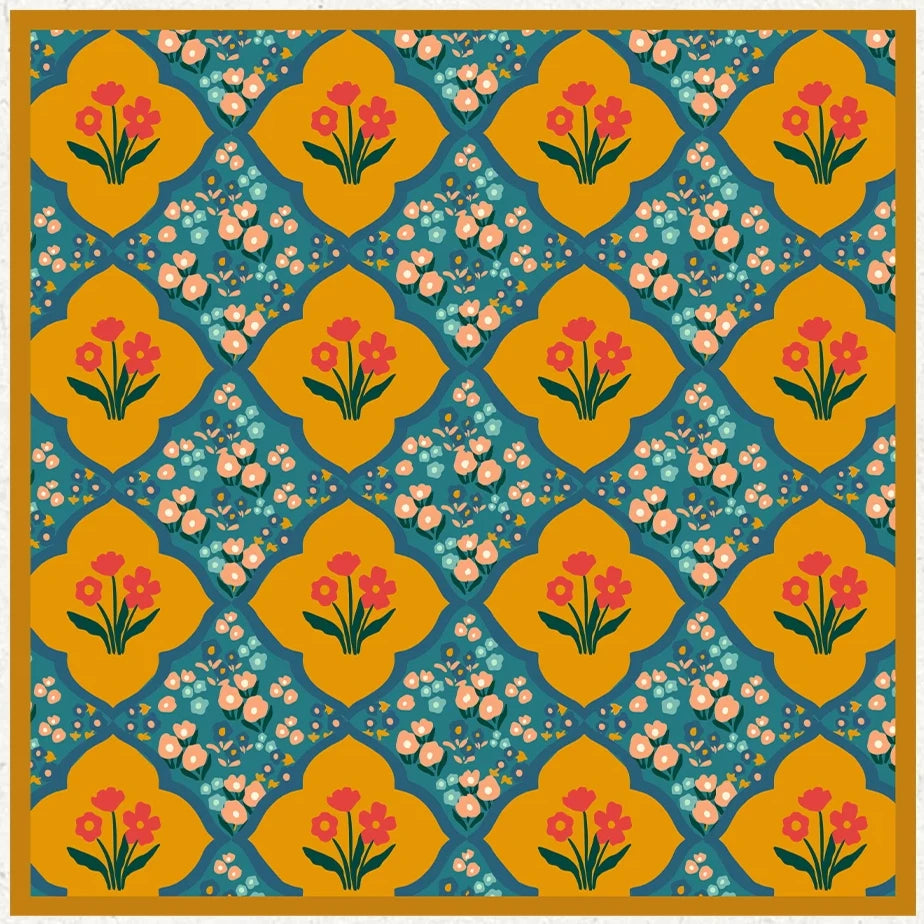 Oriental Bloom Mustard Silk Square Scarf