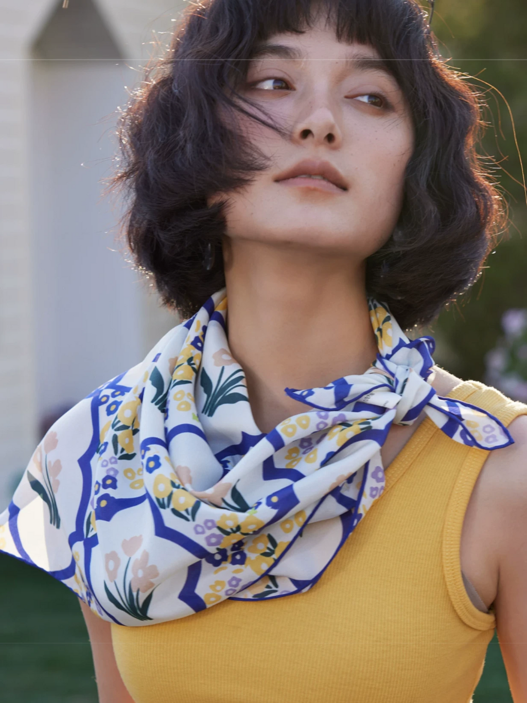 Oriental Bloom White Silk Square Scarf