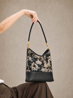Midnight Peony Song Brocade Top-Handle Bag