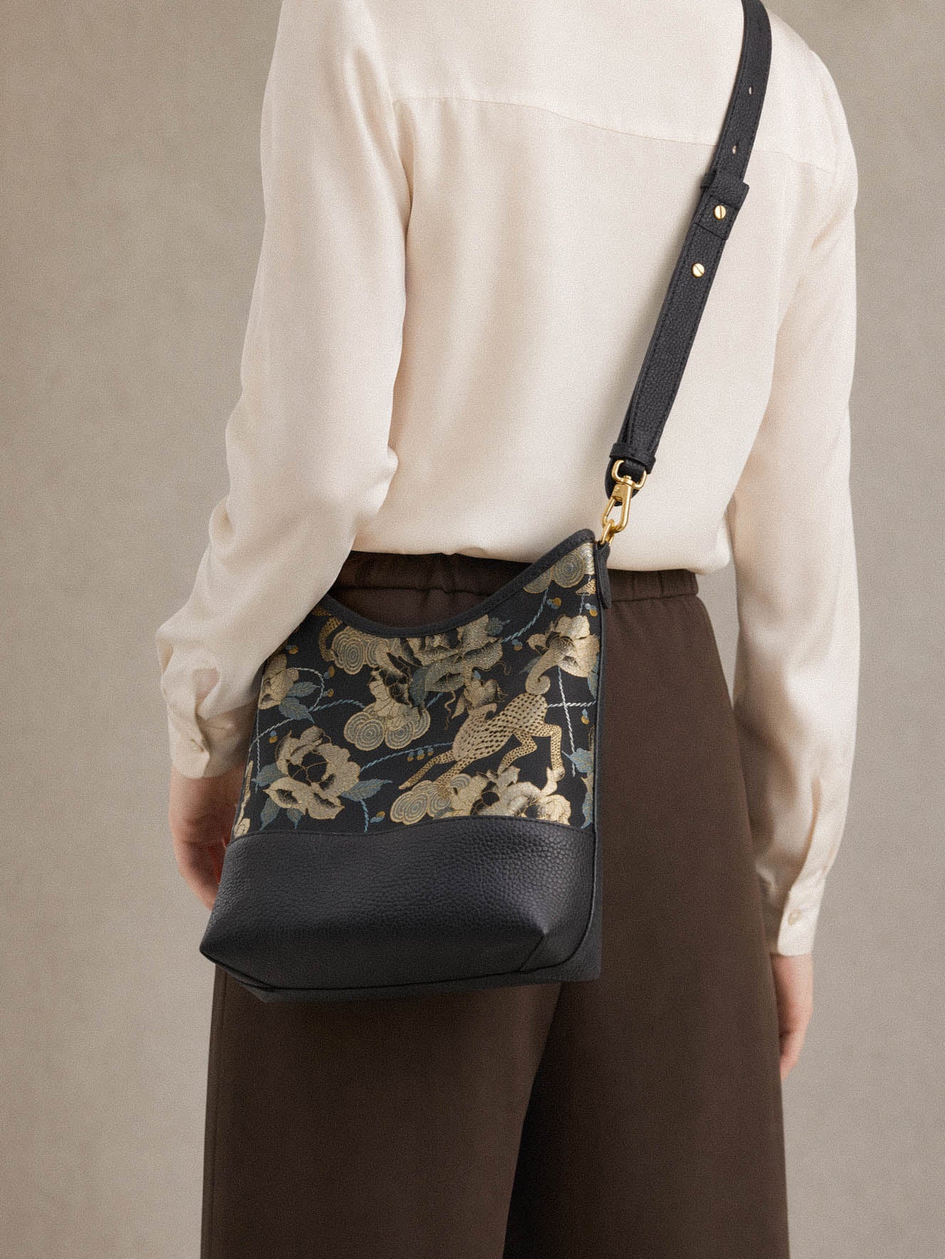 Midnight Peony Song Brocade Top-Handle Bag